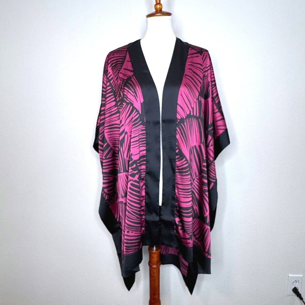 CHICOS TRAVELERS Border Print Hi-Lo Kimono L/XL Purple Black Open Front Ltwt